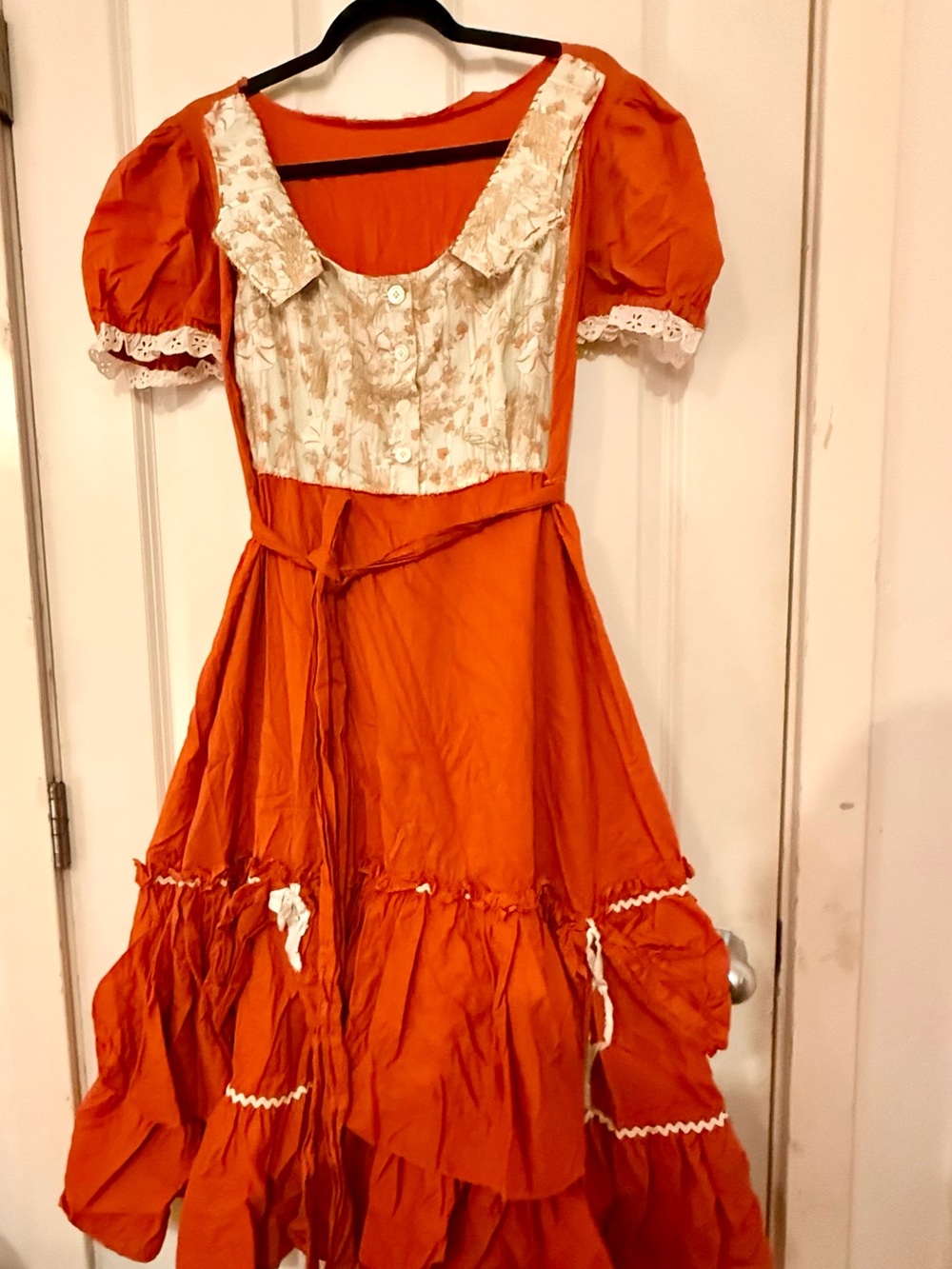 Vintage Upcycled Orange Country-Style Dress with Cream Bodice